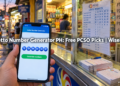 A hand holding a smartphone with a lotto number generator showing six blue number balls at a PCSO lotto outlet counter in the Philippines.