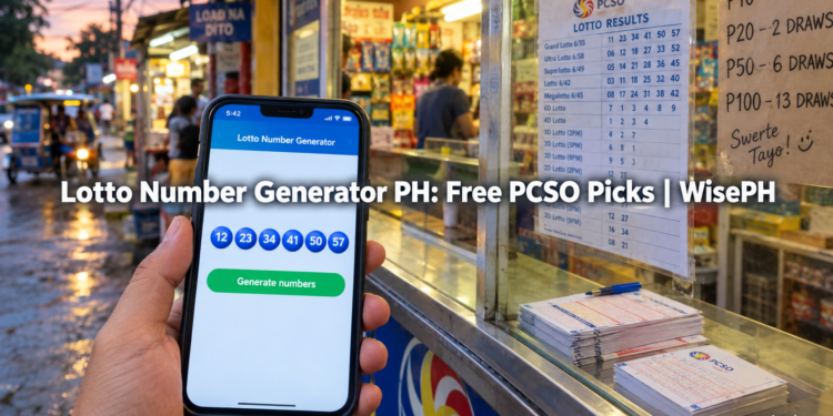 A hand holding a smartphone with a lotto number generator showing six blue number balls at a PCSO lotto outlet counter in the Philippines.