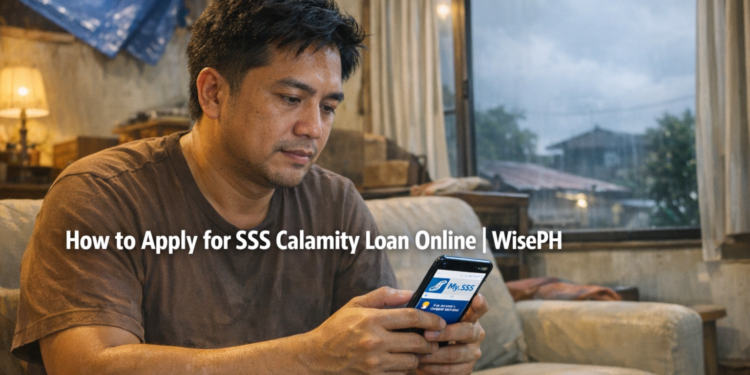 Filipino man applying for SSS Calamity Loan online through My.SSS after typhoon damaged his home