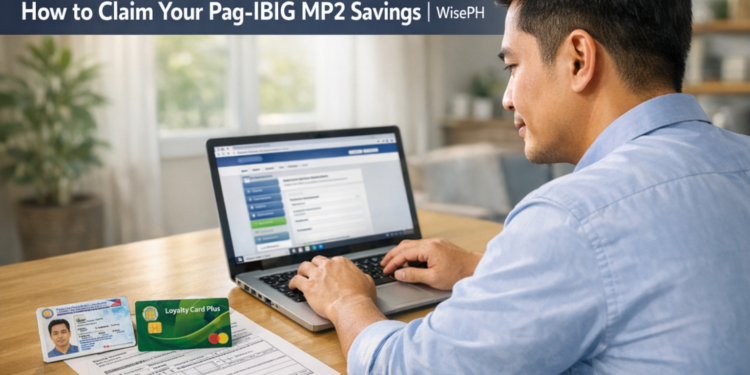 Filipino man filing his Pag-IBIG MP2 savings claim online using a laptop at home