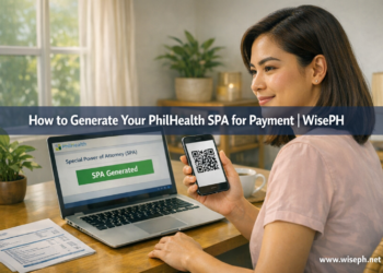 Filipino woman generating PhilHealth SPA for payment on laptop and smartphone