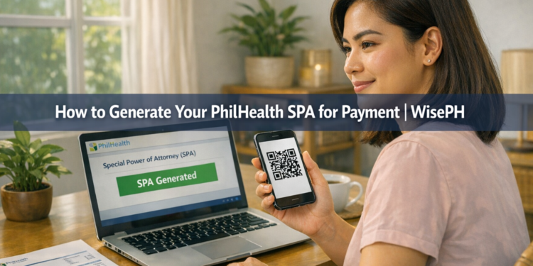Filipino woman generating PhilHealth SPA for payment on laptop and smartphone