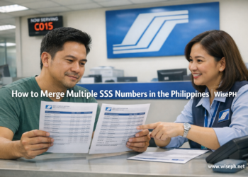Filipino man at SSS branch comparing two contribution history printouts during SSS number consolidation process