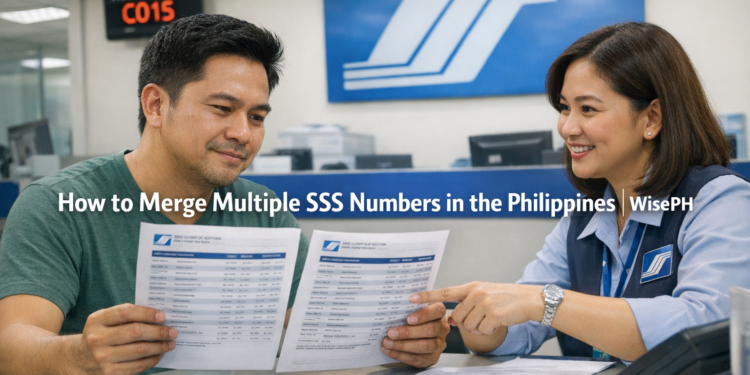 Filipino man at SSS branch comparing two contribution history printouts during SSS number consolidation process