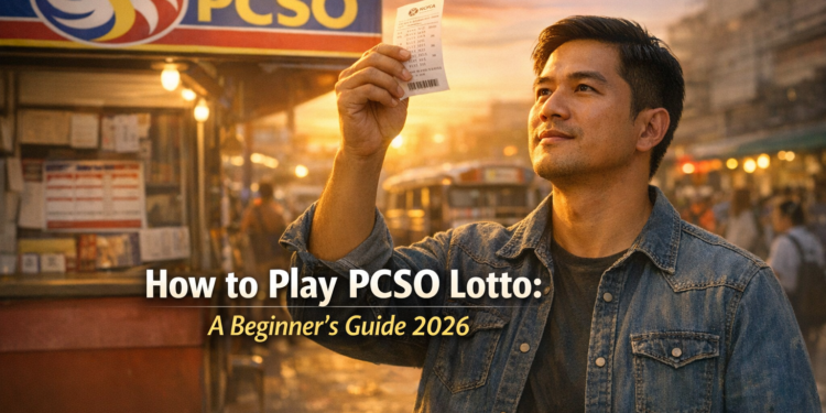 Filipino beginner holding a PCSO lotto ticket at an authorized outlet in the Philippines 2026