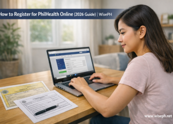 Young Filipino woman registering for PhilHealth online at home using a laptop
