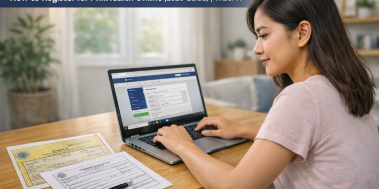 Young Filipino woman registering for PhilHealth online at home using a laptop