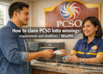 Filipino man claiming a PCSO lotto prize at a branch office counter with valid IDs in hand