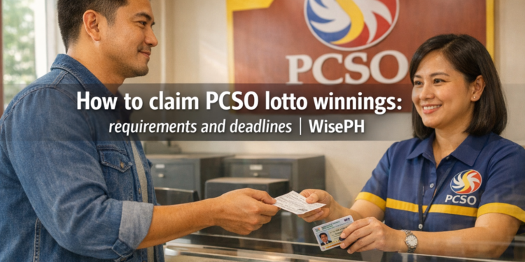 Filipino man claiming a PCSO lotto prize at a branch office counter with valid IDs in hand