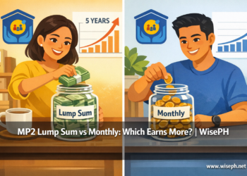 Split comparison of Pag-IBIG MP2 lump sum versus monthly contribution strategies showing 5-year growth difference