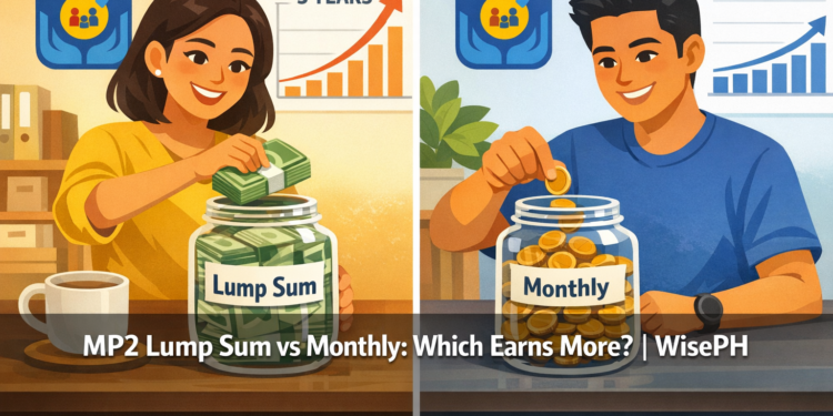 Split comparison of Pag-IBIG MP2 lump sum versus monthly contribution strategies showing 5-year growth difference