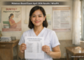 Filipino registered midwife holding PRC board exam results paper at a Rural Health Unit, Midwives Licensure Examination April 2026