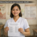 Filipino registered midwife holding PRC board exam results paper at a Rural Health Unit, Midwives Licensure Examination April 2026