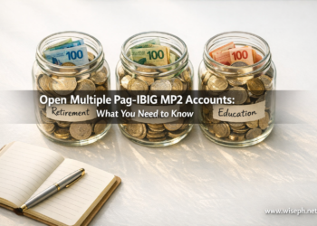 Three labeled savings jars representing multiple Pag-IBIG MP2 accounts for retirement, home, and education goals
