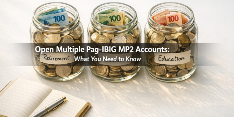 Three labeled savings jars representing multiple Pag-IBIG MP2 accounts for retirement, home, and education goals