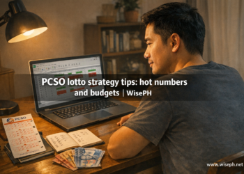 Filipino man analyzing PCSO lotto numbers on a laptop with a ticket and budget notes on his desk