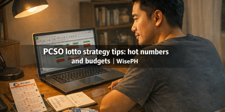 Filipino man analyzing PCSO lotto numbers on a laptop with a ticket and budget notes on his desk