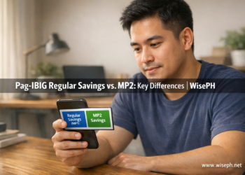 Filipino freelancer comparing Pag-IBIG Regular Savings and MP2 accounts on a smartphone at home
