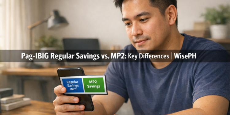 Filipino freelancer comparing Pag-IBIG Regular Savings and MP2 accounts on a smartphone at home