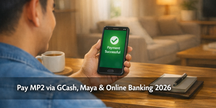 Filipino using smartphone to pay Pag-IBIG MP2 contribution online via GCash in 2026