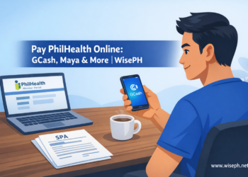 Filipino man paying PhilHealth contributions online using GCash on his smartphone