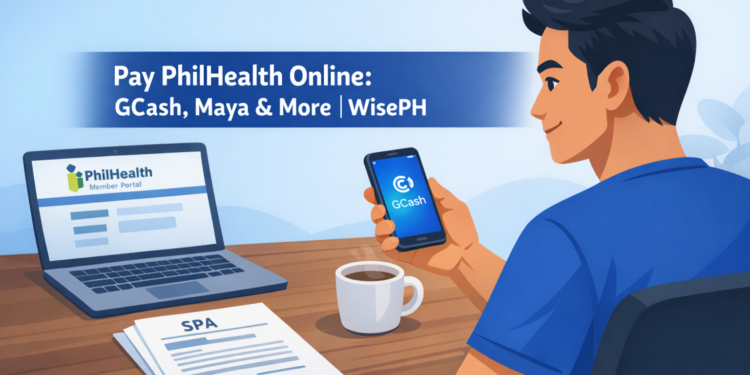 Filipino man paying PhilHealth contributions online using GCash on his smartphone