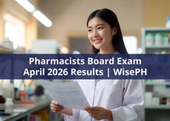 Filipino pharmacist in white lab coat holding PRC results for the Pharmacists Licensure Examination April 2026