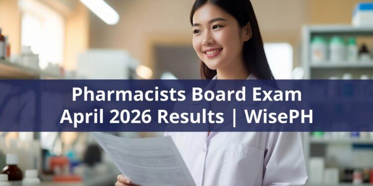 Filipino pharmacist in white lab coat holding PRC results for the Pharmacists Licensure Examination April 2026