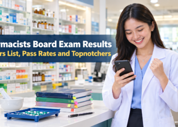 A young Filipino pharmacy graduate in a white pharmacist's coat smiles at her phone in a hospital pharmacy, checking the pharmacists board exam results.