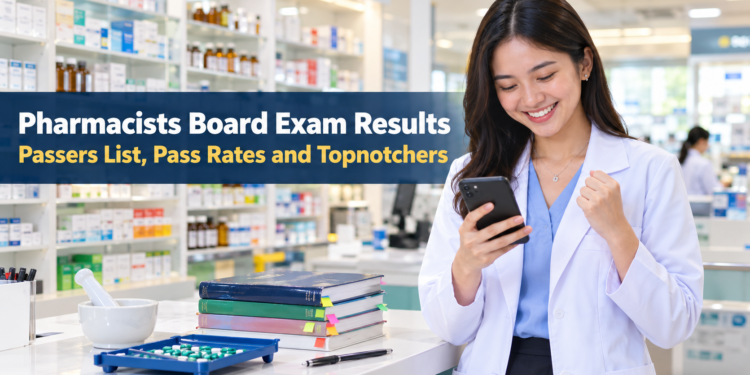 A young Filipino pharmacy graduate in a white pharmacist's coat smiles at her phone in a hospital pharmacy, checking the pharmacists board exam results.