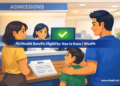 Filipino family at hospital admissions desk confirming PhilHealth eligibility with a green checkmark on screen