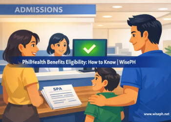 Filipino family at hospital admissions desk confirming PhilHealth eligibility with a green checkmark on screen