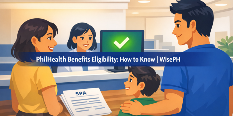 Filipino family at hospital admissions desk confirming PhilHealth eligibility with a green checkmark on screen
