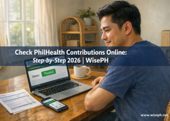 Filipino man checking PhilHealth contributions online on a laptop at home
