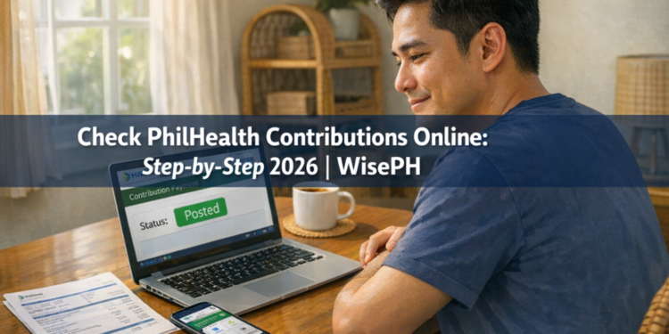 Filipino man checking PhilHealth contributions online on a laptop at home