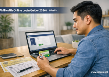 Filipino man logging in to the PhilHealth Member Portal on a laptop at home