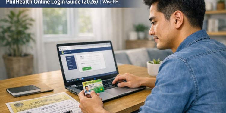 Filipino man logging in to the PhilHealth Member Portal on a laptop at home