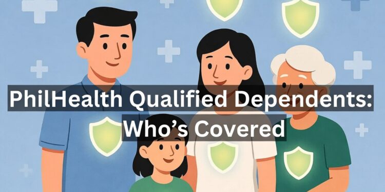 Illustration of a Filipino family with PhilHealth coverage shields representing qualified PhilHealth dependents