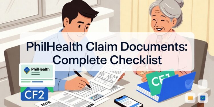 A young Filipino man helps an older family member file a PhilHealth claim at home, with documents and forms spread on a dining table.