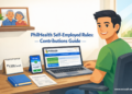 A Filipino self-employed professional manages his PhilHealth contributions online at a home office desk, with a framed photo of his senior citizen parents nearby.