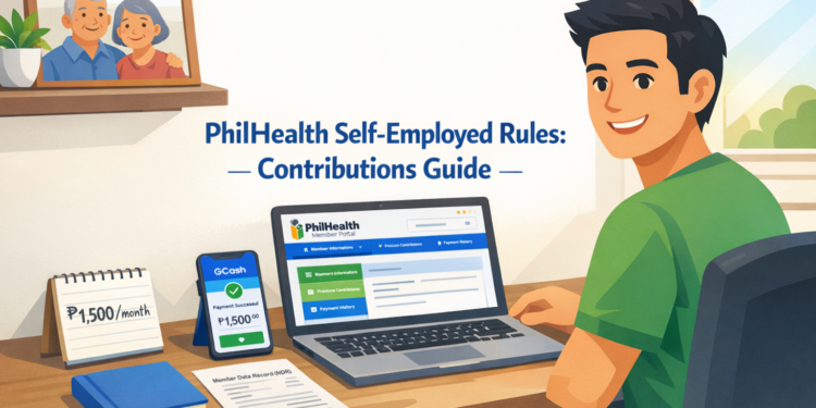 A Filipino self-employed professional manages his PhilHealth contributions online at a home office desk, with a framed photo of his senior citizen parents nearby.