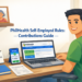 A Filipino self-employed professional manages his PhilHealth contributions online at a home office desk, with a framed photo of his senior citizen parents nearby.
