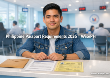 Filipino man at DFA passport application counter with PSA birth certificate and appointment form laid out, ready for passport application in the Philippines