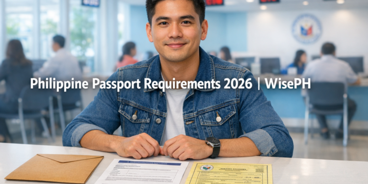 Filipino man at DFA passport application counter with PSA birth certificate and appointment form laid out, ready for passport application in the Philippines