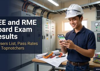 A young Filipino electrical engineering graduate in a hard hat smiles at his phone in a substation control room, checking the REE and RME board exam results.