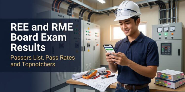 A young Filipino electrical engineering graduate in a hard hat smiles at his phone in a substation control room, checking the REE and RME board exam results.