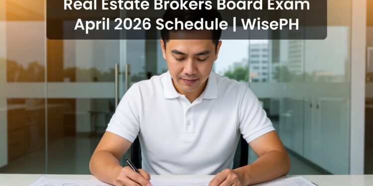 Filipino real estate broker reviewing exam materials at a desk, Real Estate Brokers Licensure Examination April 2026 schedule