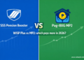 SSS MySSS Pension Booster vs Pag-IBIG MP2 comparison graphic showing blue SSS side and green MP2 side with 2026 dividend rates