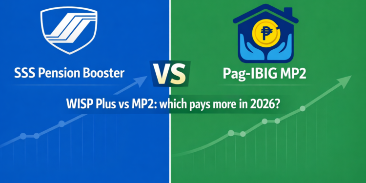 SSS MySSS Pension Booster vs Pag-IBIG MP2 comparison graphic showing blue SSS side and green MP2 side with 2026 dividend rates