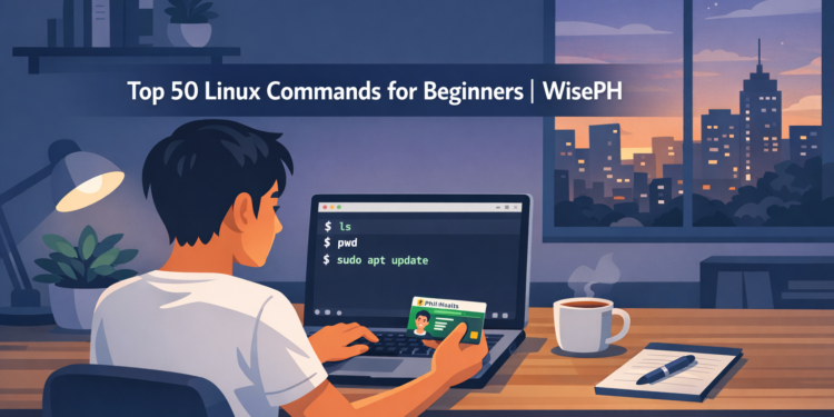 A young Filipino adult learning Linux commands on a laptop showing a dark terminal screen